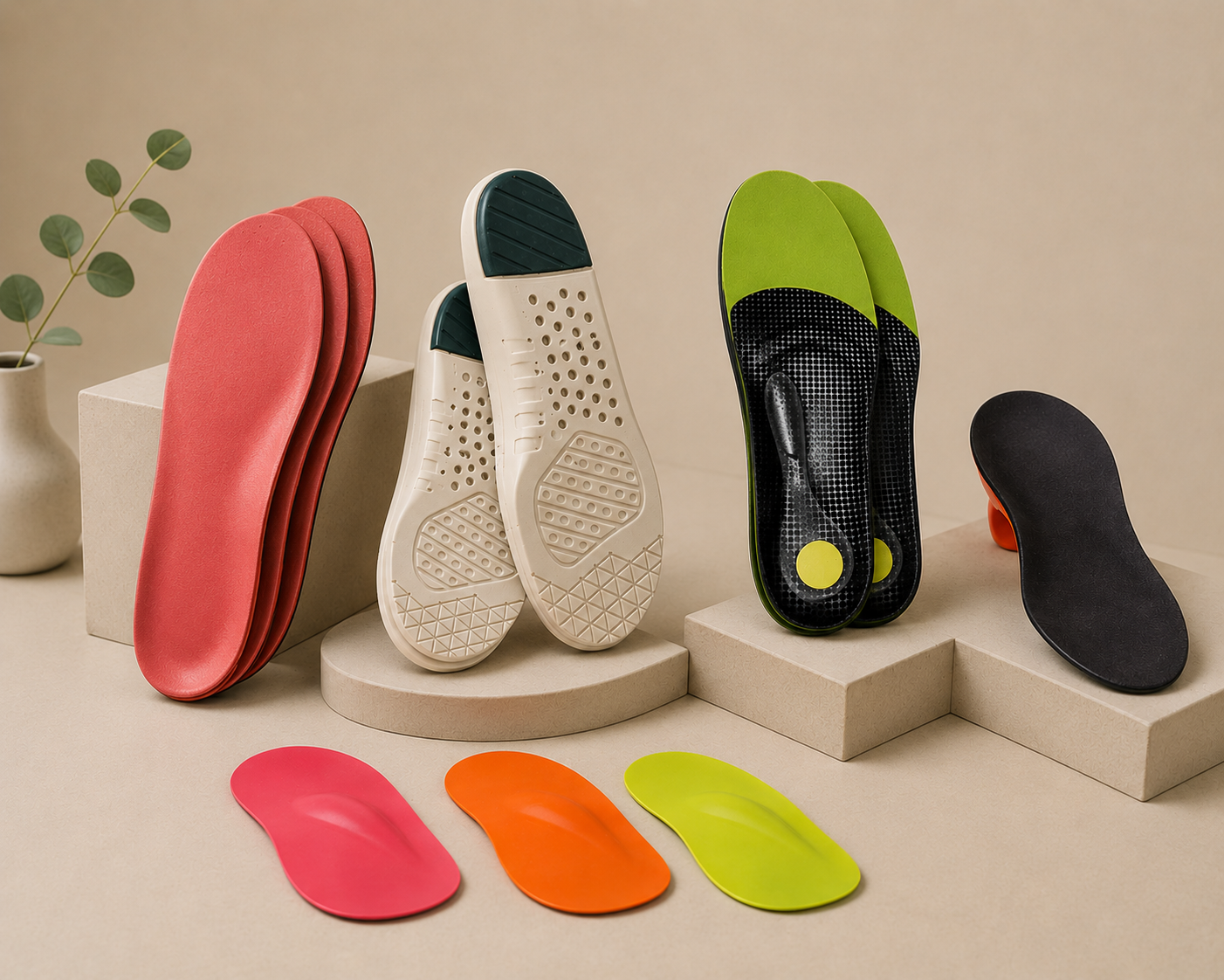 Various colorful insoles and shoe inserts arranged on beige display blocks with a small potted plant in the background.