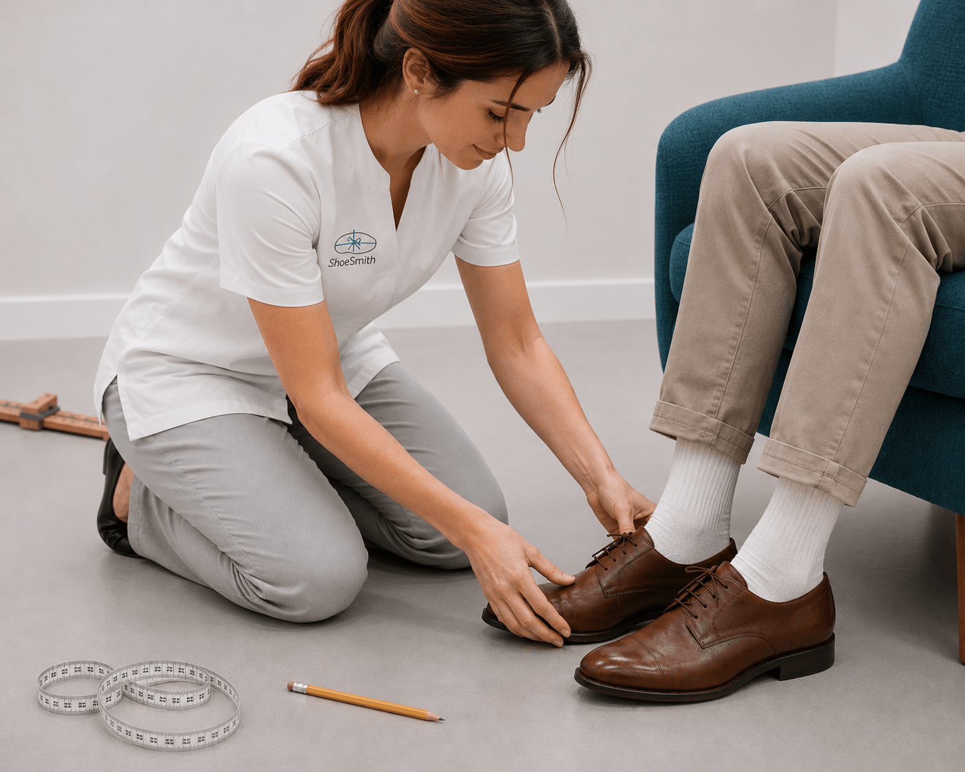 Specialist shoe fitting of some quality brown leather shoes