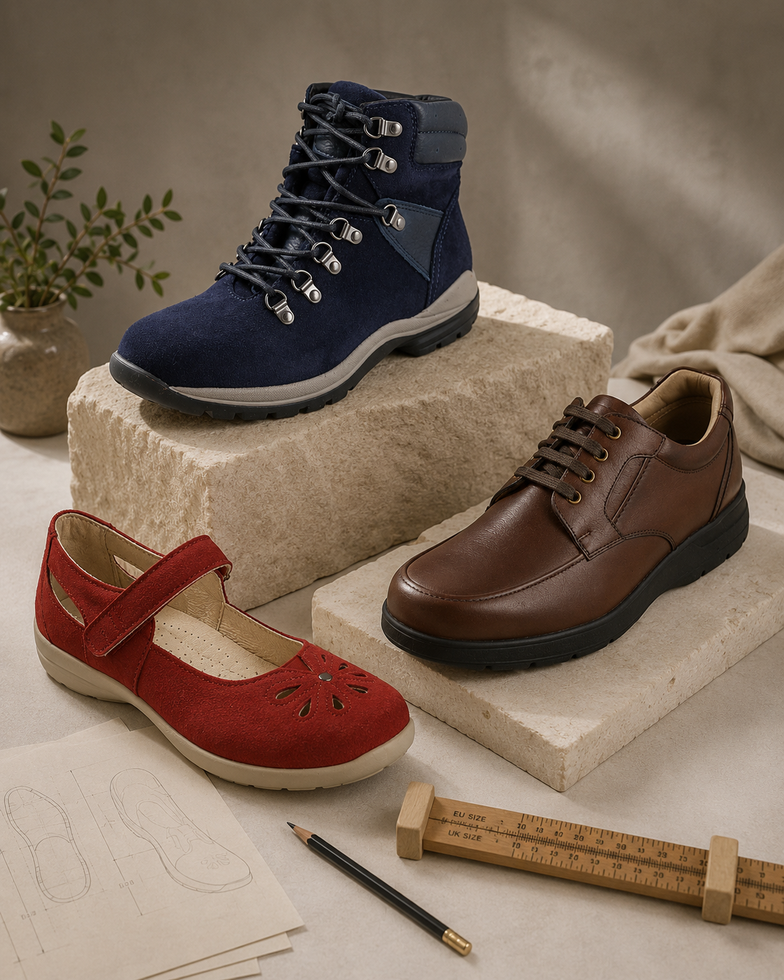 Three different styles of shoes: a navy hiking boot on a raised marble block, a brown leather dress shoe on a lower marble block, and a red Mary Jane flat with cutout design on a flat surface. Nearby, there are sketches of shoe designs, a pencil, and a wooden ruler.