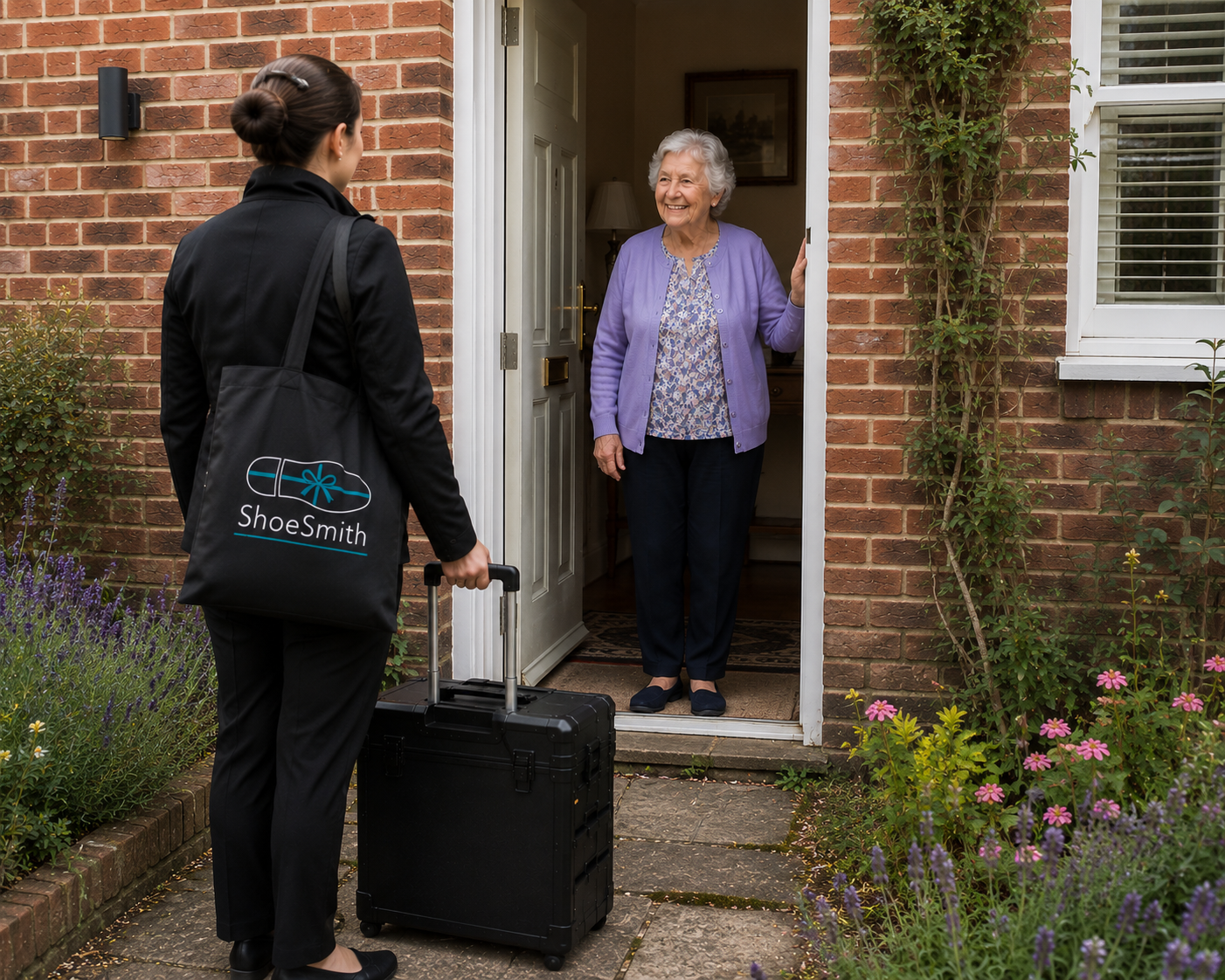 A woman wearing a Shoesmith uniform delivering a package to an elderly woman at her front door.