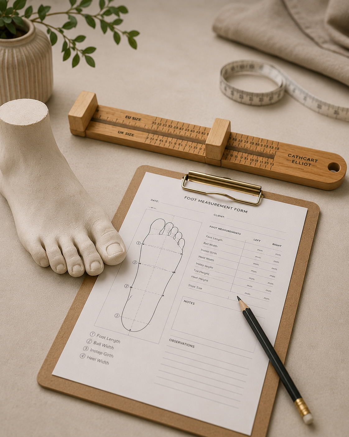 Foot mold, measuring tape, wooden measuring device, foot measurement form on clipboard, black pen, beige fabric, potted plant with green leaves.