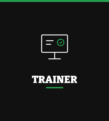 Screen with a computer monitor icon and a checkmark, labeled 'Trainer' below. ESG Trainer, Sustainability, Commercial, Training