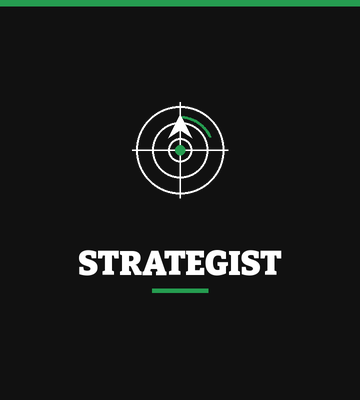A black background with a white target symbol and the word 'STRATEGIST' in bold white letters below it. ESG Strategist, Sustainability, Commercial, Strategy