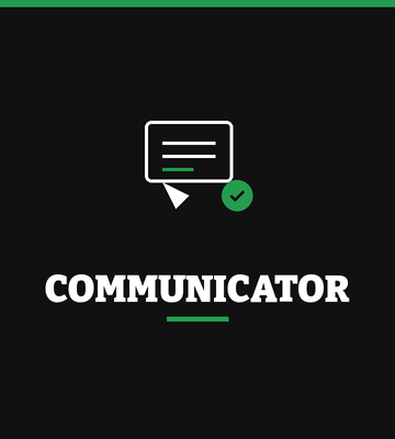 A digital icon of a chat or message window with a checkmark, indicating communication or confirmation, above the word 'Communicator' in bold white text on a black background. ESG communications, Sustainability, Commercial