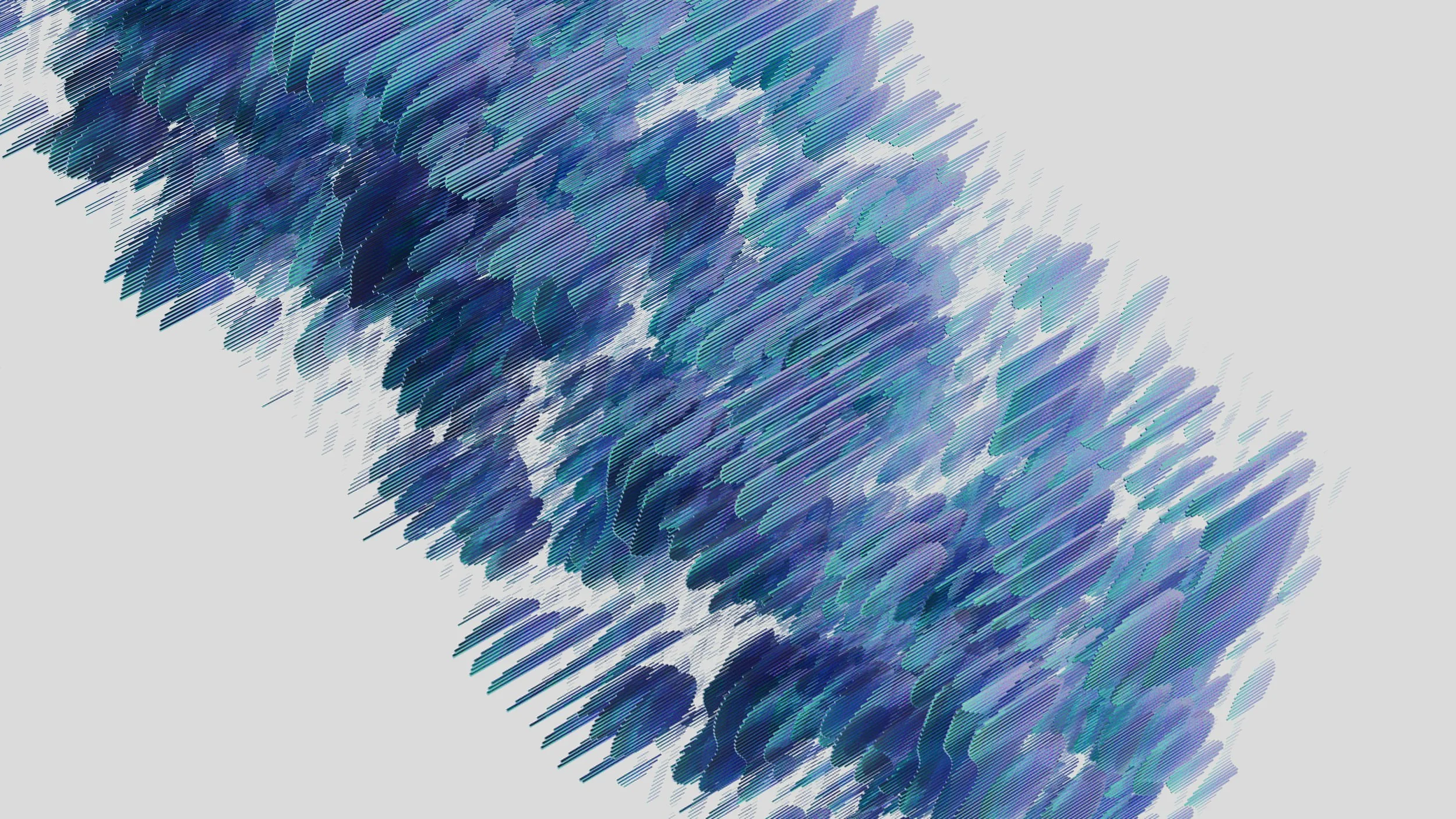 Abstract digital artwork with purple and blue streaks and shapes on a light gray background