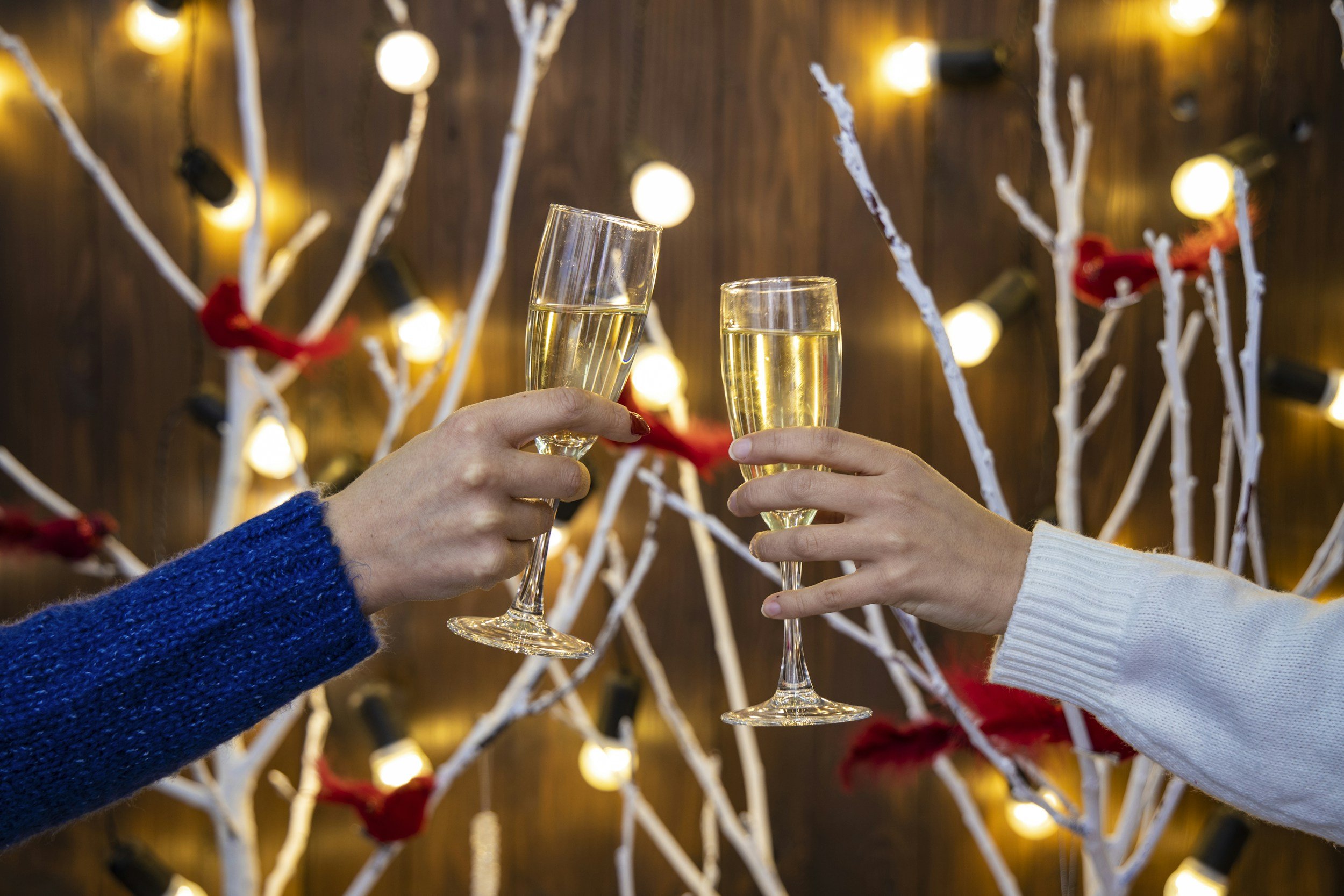 People raising glasses of champagne in a toast at a celebration with festive background of white branches and string lights.