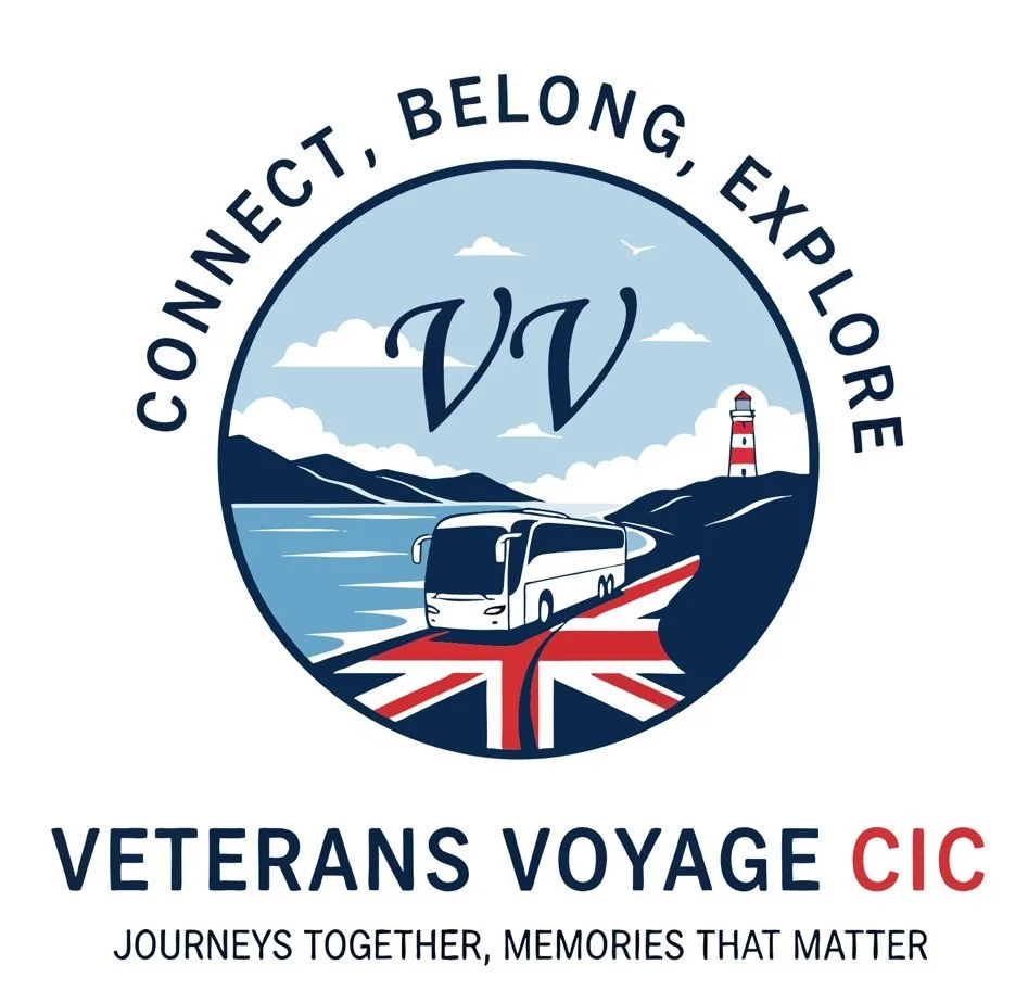 A circular logo with a blue and white landscape, showing mountains, clouds, a lighthouse, a bus on a road with a Union Jack pattern, and the letters 'VV' in the center. The text around the circle says 'Connect, Belong, Explore.' Below the circle, it says 'Veterans Voyage CIC' with the tagline 'Journeys together, memories that matter.'