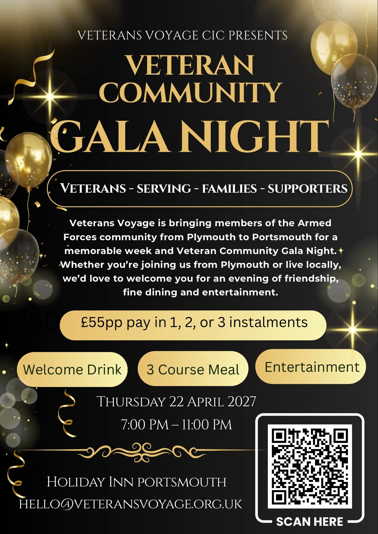 Black and gold invitation poster for the Veterans Community Gala Night hosted by Veterans Voyage CIC, scheduled for Thursday, April 22, 2027, from 7:00 PM to 11:00 PM at Holiday Inn Portsmouth. The event includes a welcome drink, a three-course meal, and entertainment, with a fee of £55 per person payable in one, two, or three installments. The poster features gold balloons and confetti, with a barcode and QR code at the bottom for scanning.