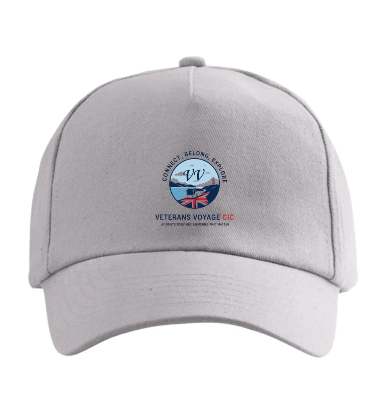 White baseball cap with a circular logo, featuring a landscape with hills, water, and a lighthouse, with text that reads "Connect, Belong, Explore. Veterans Voyage CIC."