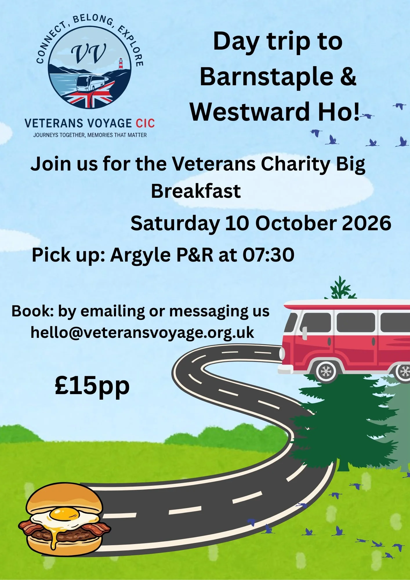 Flyer for a veterans charity breakfast event featuring a logo with a bus and lighthouse in a circular badge, a cartoon road with a van, and a cartoon breakfast sandwich. The flyer provides details for a day trip to Barnstaple and Westward Ho! on Saturday, October 10, 2026, with pickup at Argyle P&R at 7:30 am, costing £15 per person, with booking via email.
