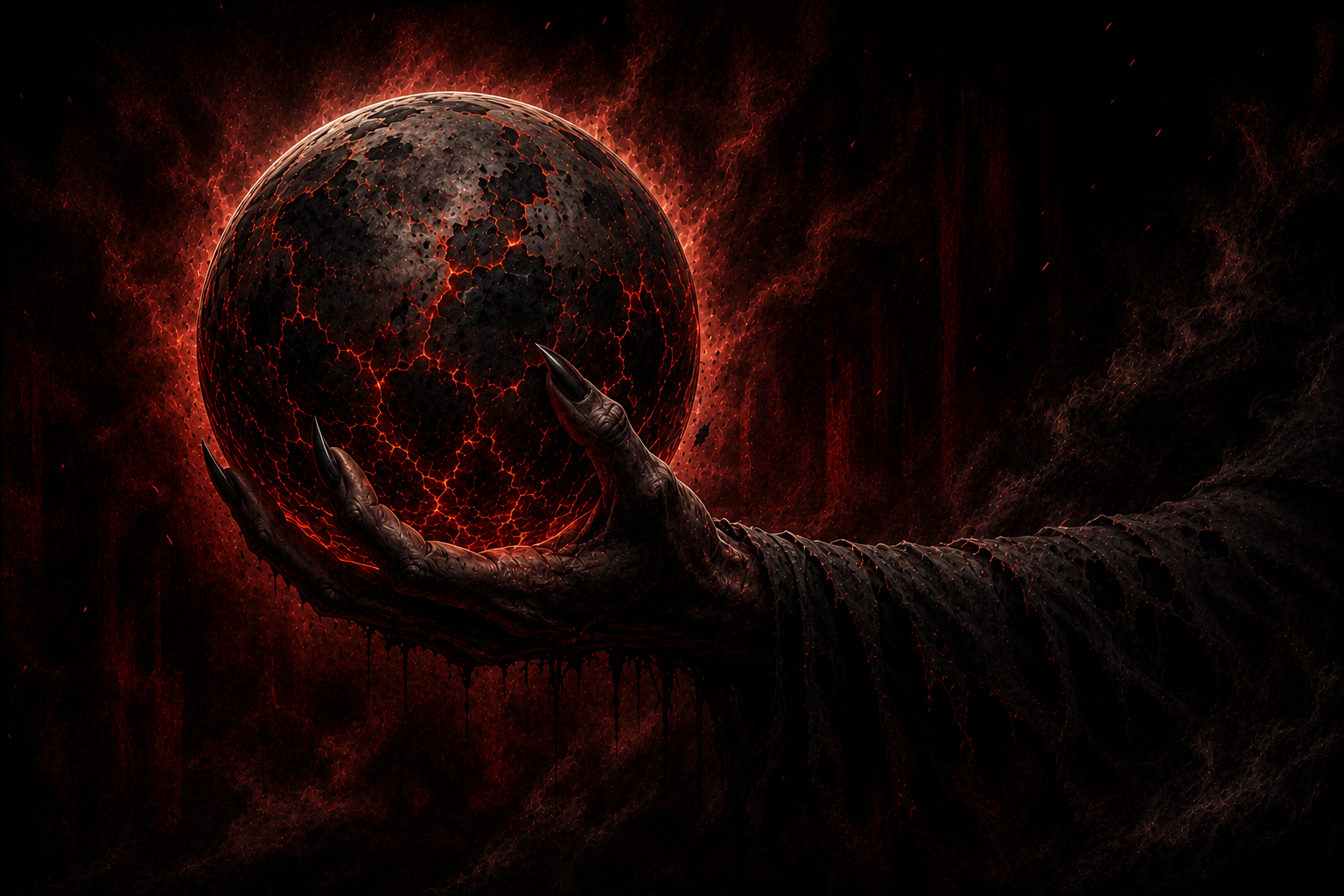 A dark, fiery digital artwork depicting a skeletal hand holding a cracked, glowing planetary sphere with a red and black color scheme.