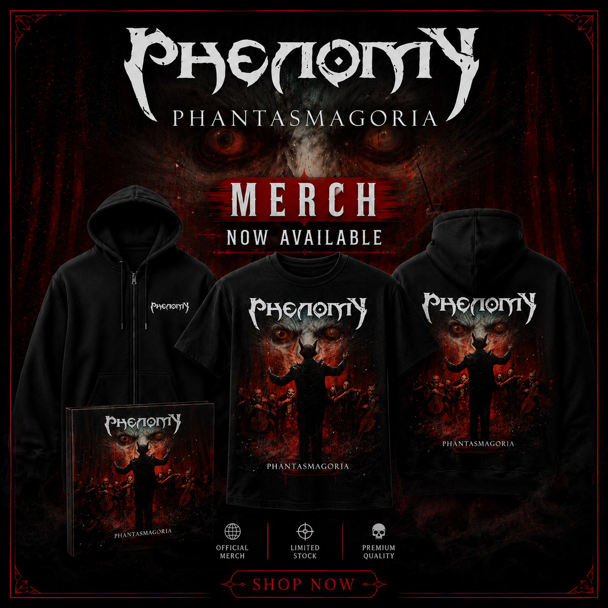 Promotional image for Phantasmagoria band merchandise featuring black hoodies and T-shirts with band artwork, displaying the band name, album title, and a conductor with a choir in the background, set against a dark, red and black background.