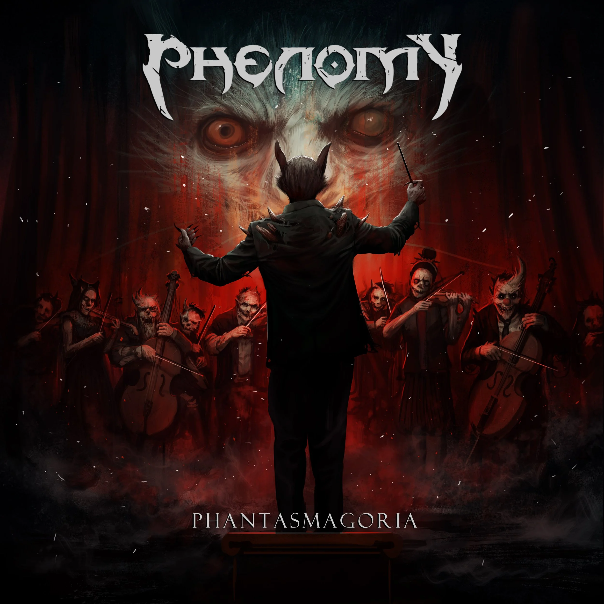 Dark fantasy art of a figure with cat ears and claws facing a colossal, menacing face with glowing eyes. The scene is fiery red and black with skulls and dark figures in the background. At the bottom, the text reads 'Phantasmagoria.'