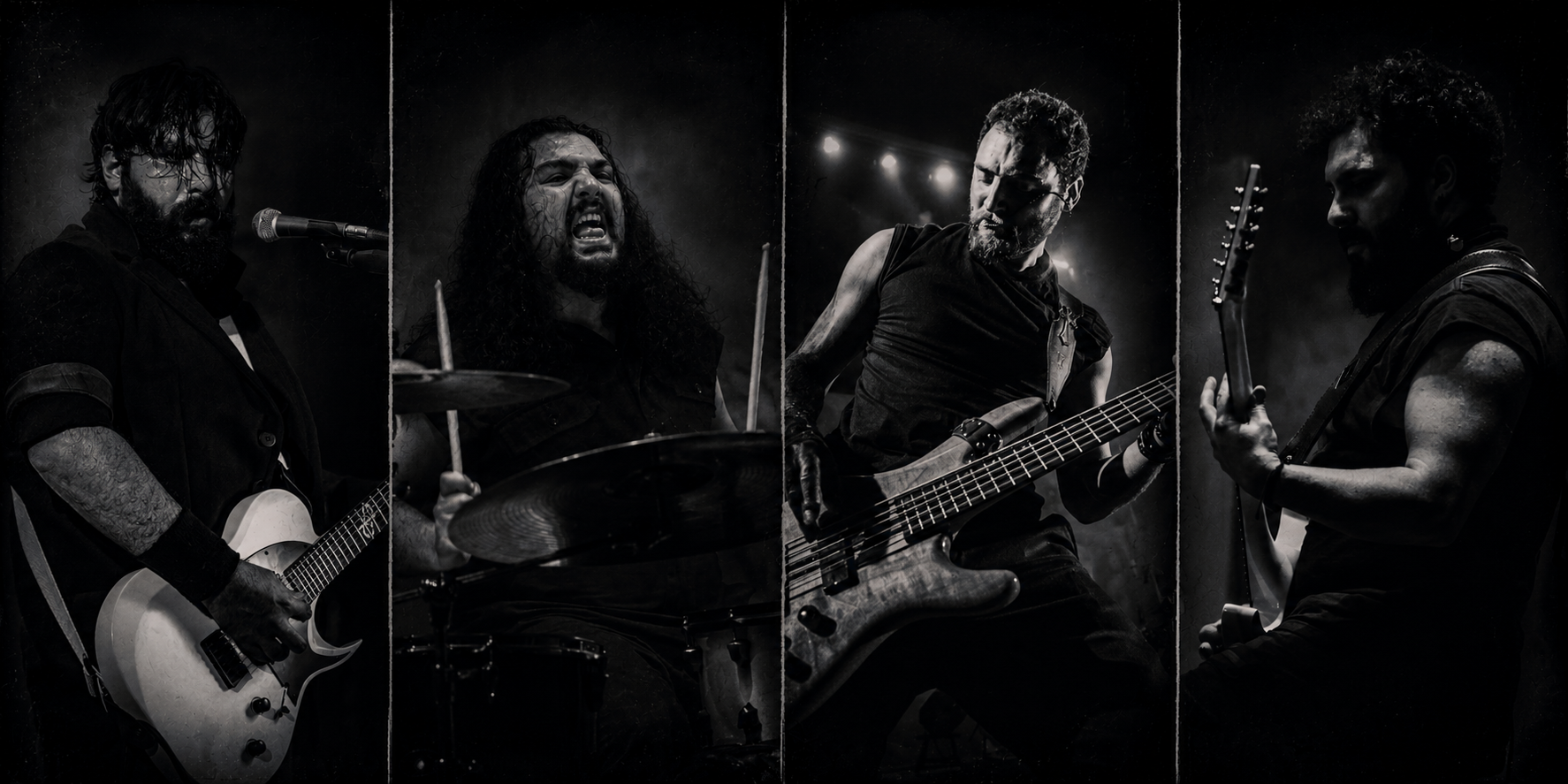 Black and white photo of four male musicians performing on stage with guitars and drums, showing expressive poses and intense emotional engagement.