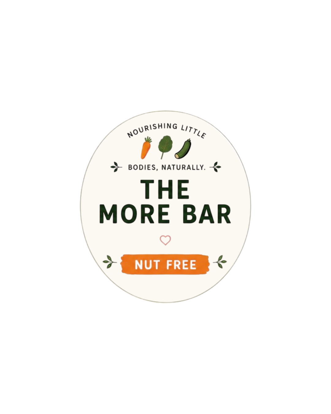 The label of a nut-free energy bar called The More Bar, with illustrations of a carrot, spinach leaf, and zucchini, and the phrases 'Nourishing Little Bodies Naturally' and 'Nut Free'.