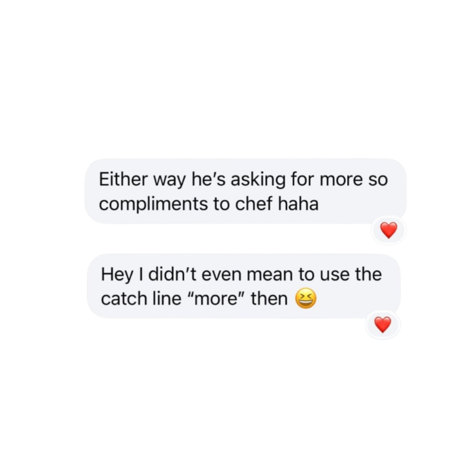Screenshot of a conversation with text messages discussing compliments, catch line, and emojis including hearts, a laughing face, and a smiling face. The background of the image is black.
