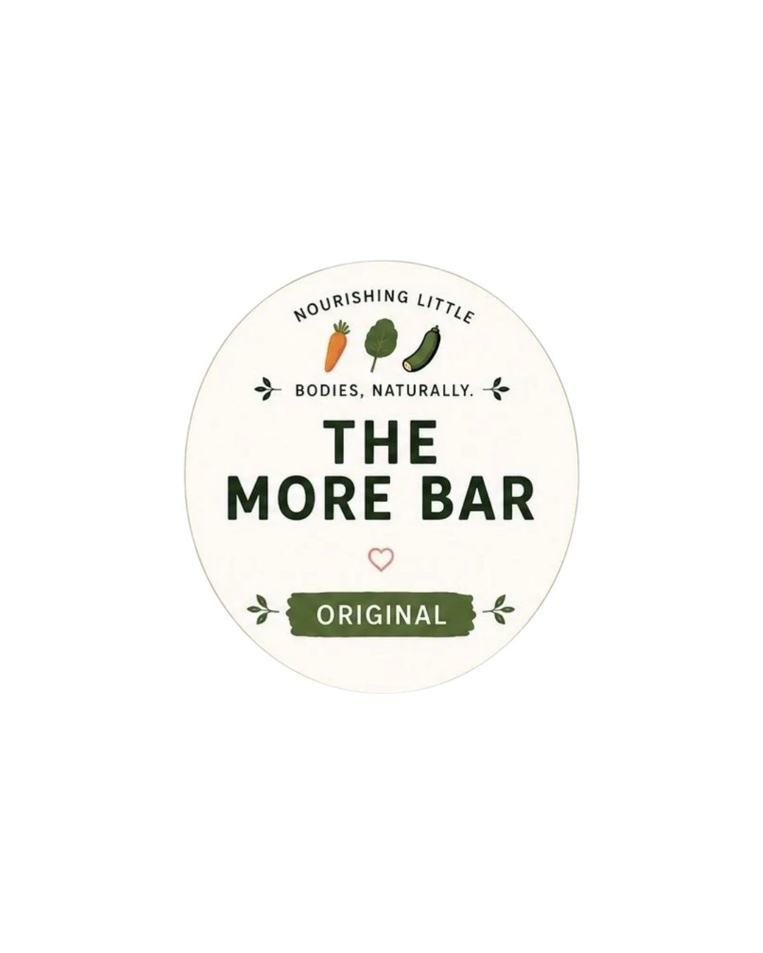 Label for 'The More Bar' original snack bar featuring illustrations of a carrot, broccoli, and zucchini, with the phrases 'Nourishing Little Bodies, Naturally' and decorative leaves.