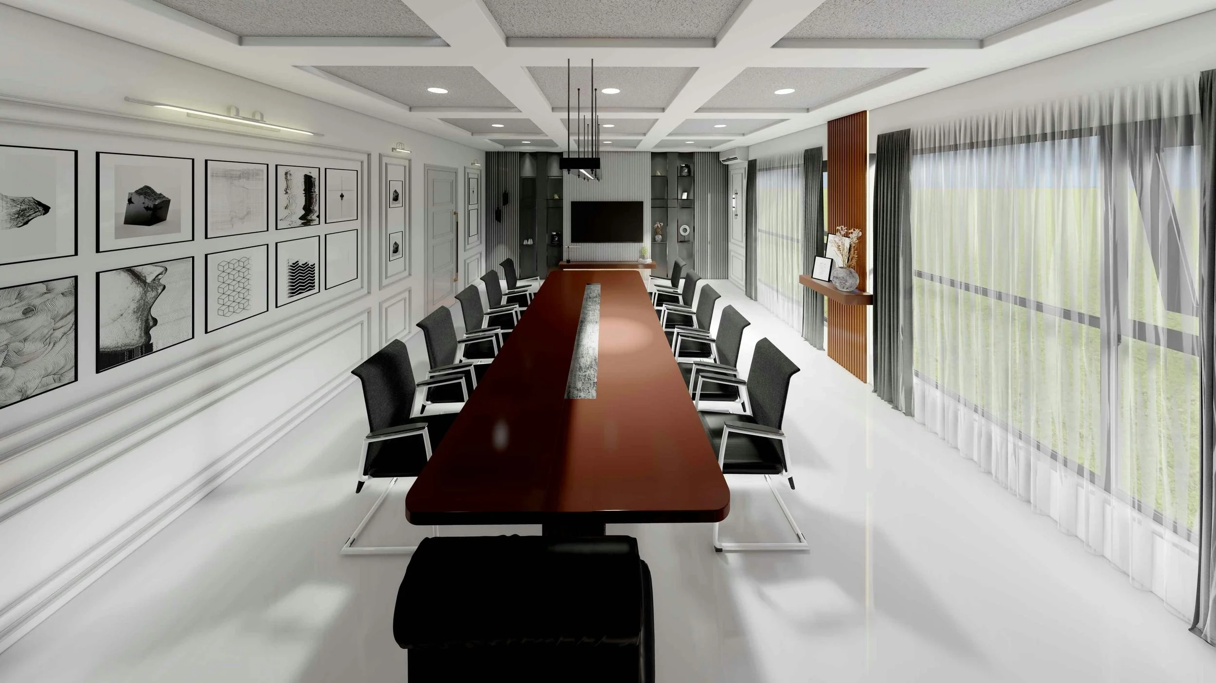 Modern conference room with a long wooden table surrounded by black chairs, wall-mounted art, built-in shelves with decor, large windows with curtains, and a ceiling with recessed lighting.