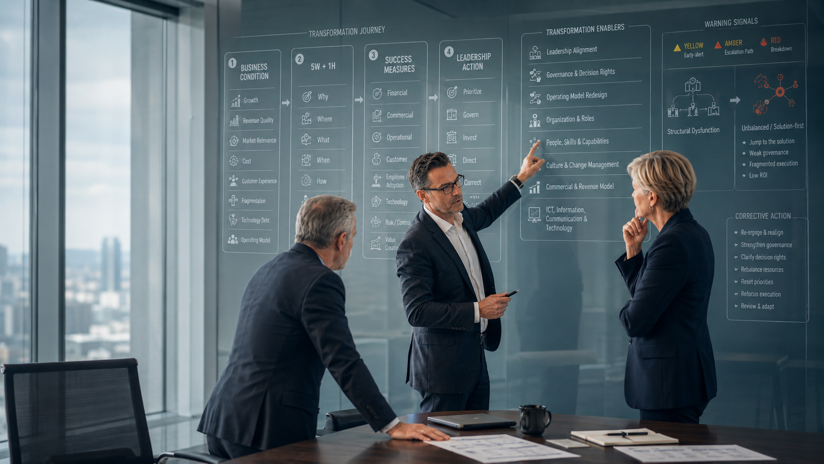 Three business professionals in formal attire engaged in a discussion around a large glass wall with detailed diagrams and text related to business transformation and decision-making processes, inside a modern office with large windows showing a cityscape.