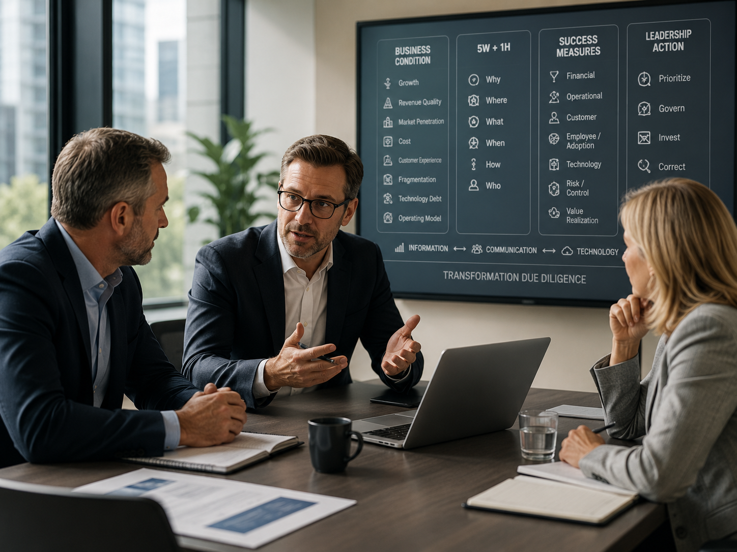 Three business professionals, two men and one woman, in a meeting room with large windows. They are discussing in front of a digital screen displaying a business presentation with categories like business condition, success measures, leadership action, and 5W + 1H.