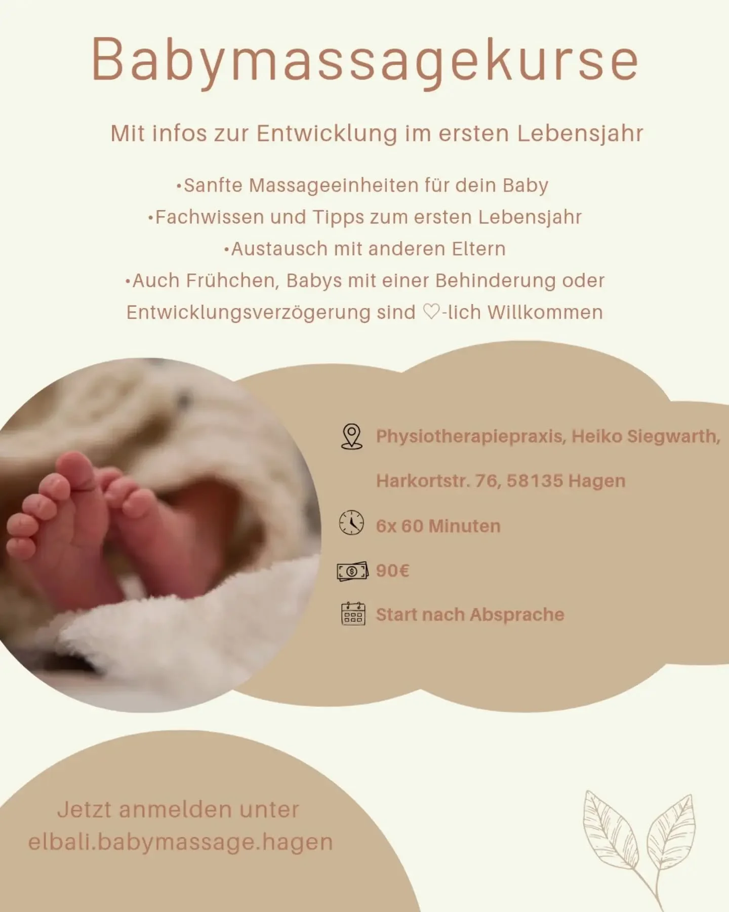 🍼 Babymassagekurs &ndash; Wissen &amp; Wohlbefinden f&uuml;r dein Baby

Sanfte Ber&uuml;hrungen schaffen Vertrauen 💛
In meinem Babymassagekurs lernst du, wie du dein Baby durch gezielte Massageeinheiten unterst&uuml;tzen und seine Entwicklung im er