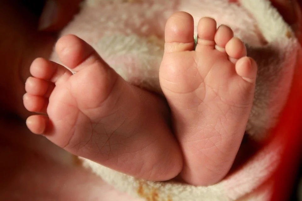 Nahaufnahme von den Fußsohlen eines Babys, die von einem warmen, weichen Stoff umgeben sind.
