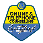 Logo of a counselling service award for online and telephone counselling, featuring a yellow and blue shield with text indicating certification as a counsellor.