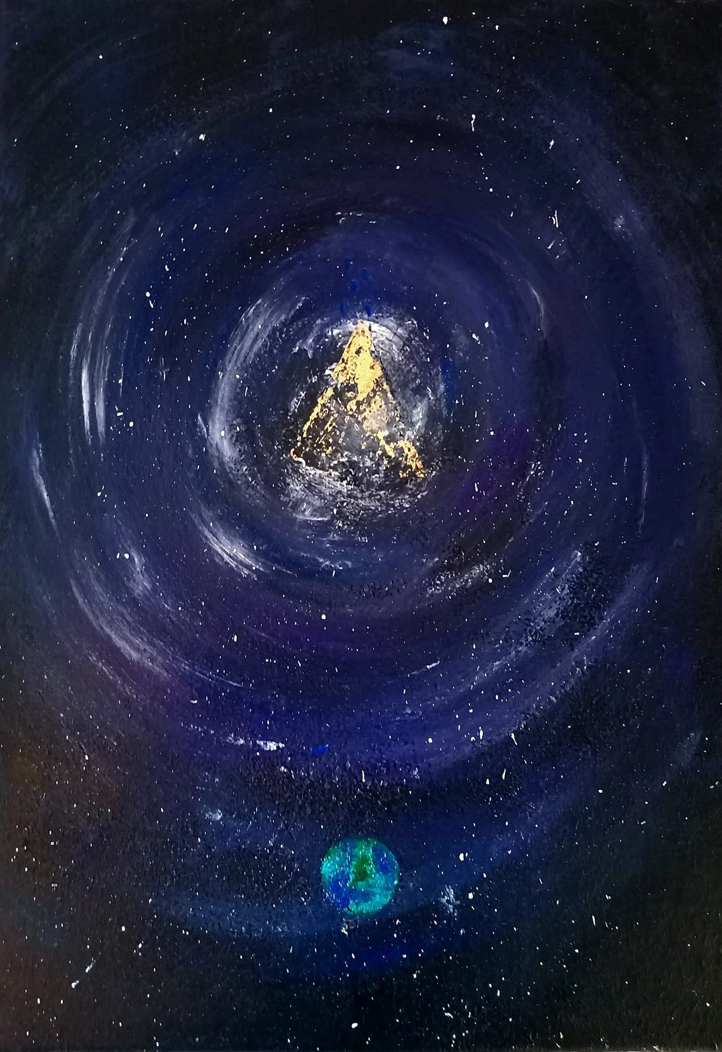 Artwork of space with stars, planets, and a path of light, depicting a cosmic scene.