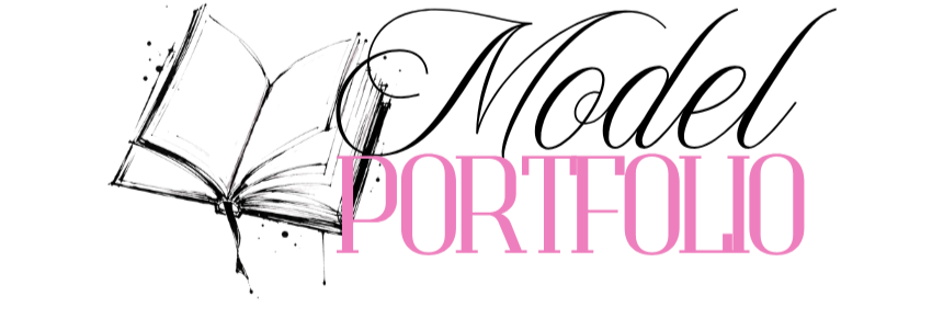 A logo with an open book graphic in black and pink text that reads "PORTFOLIO".