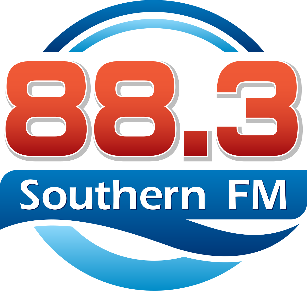 Logo of radio station 883 Southern FM with large red numbers 88.3 and blue and white background.
