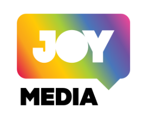Colorful speech bubble with the word 'JOY' in white uppercase letters
