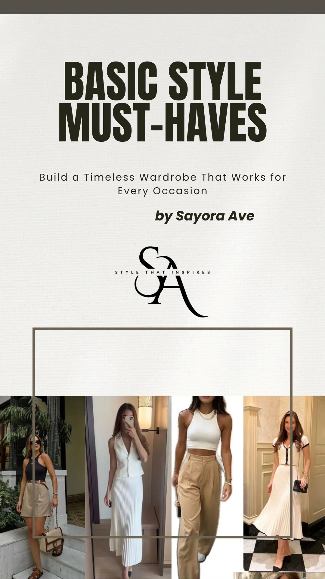 Book cover titled 'Basic Style Must-Haves' by Sayora Ave, featuring photos of women in stylish outfits.
