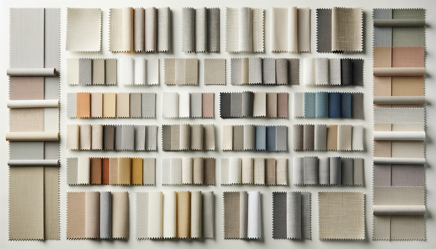 Collection of fabric swatches in various neutral and muted colors, arranged on white background.
