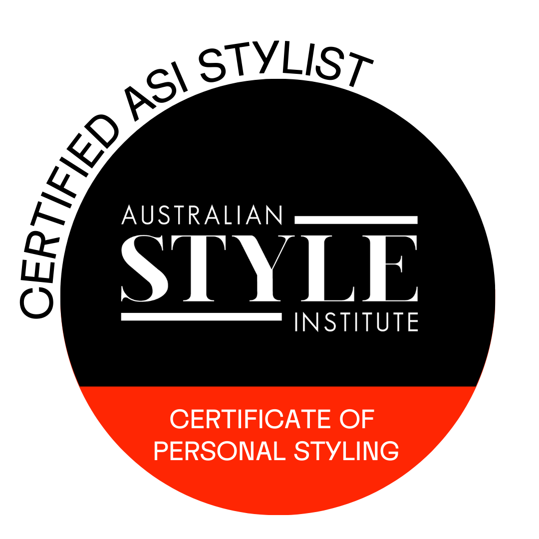 Black circle with white and red text reading 'Australian Style Institute' and 'Certificate of Personal Styling'.