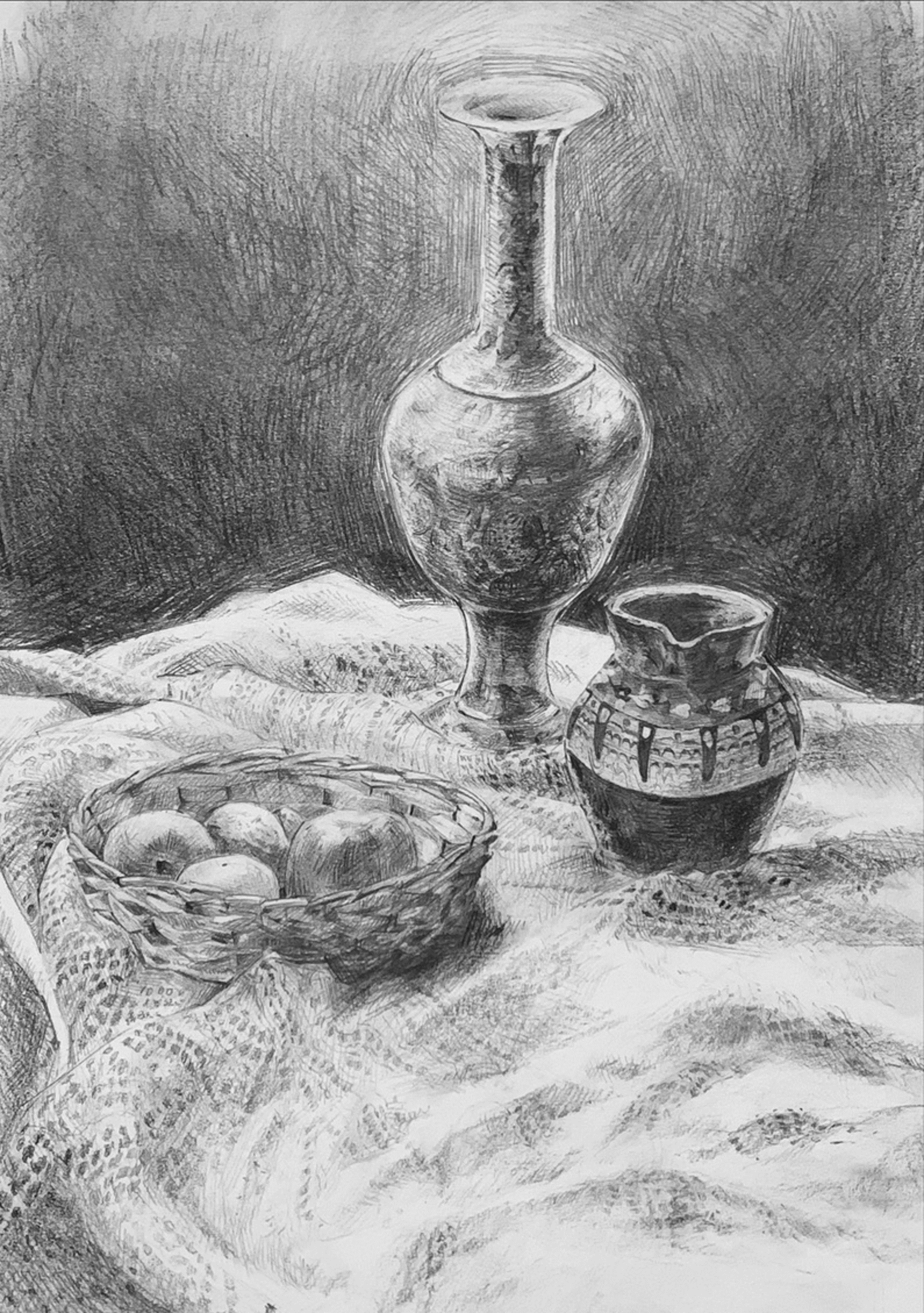 A sketch of a still life scene featuring a large vase, a small bowl, and a basket of fruit, with textured drapery and a tablecloth in the background.