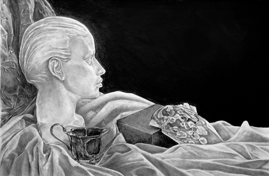 A black and white drawing of a woman lying in bed, resting her head on her hand, gazing to the side. There is a teacup and a box of chocolates on the bed near her.