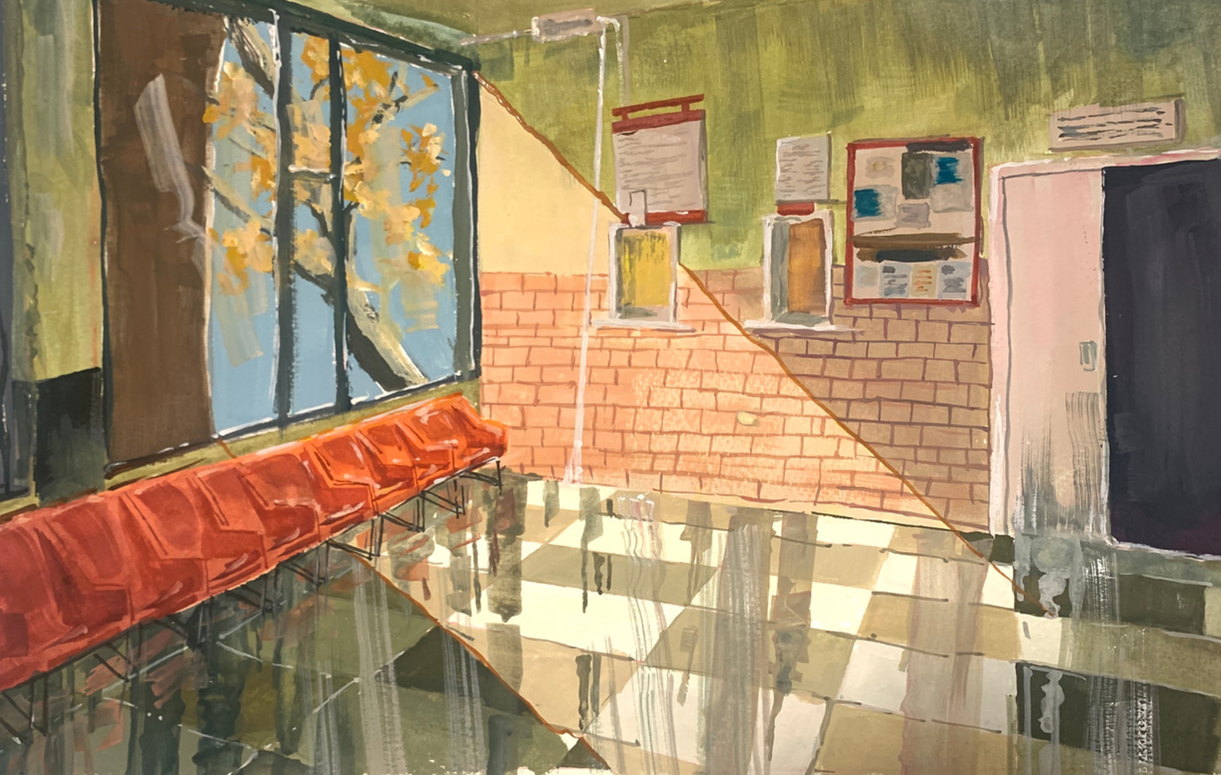 Interior of a waiting area with a long red cushioned bench, brick wall, green painted walls, and framed artwork, sunlight streaming through large windows.