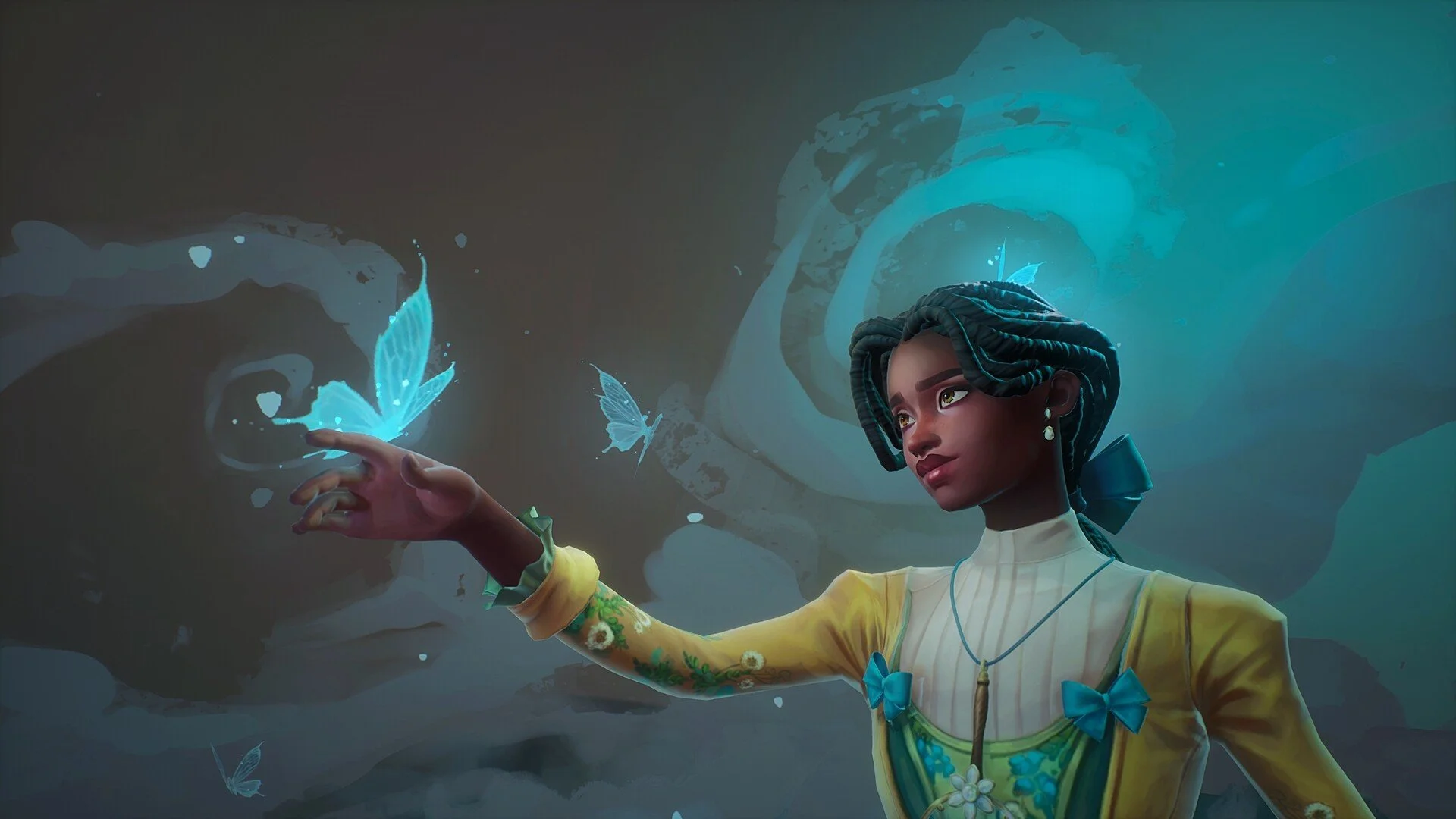 Animated woman with dreadlocked hair, wearing a yellow and green dress with bows, touching a glowing blue butterfly with her finger in a fantasy scene with other butterflies and large abstract structures in the background.