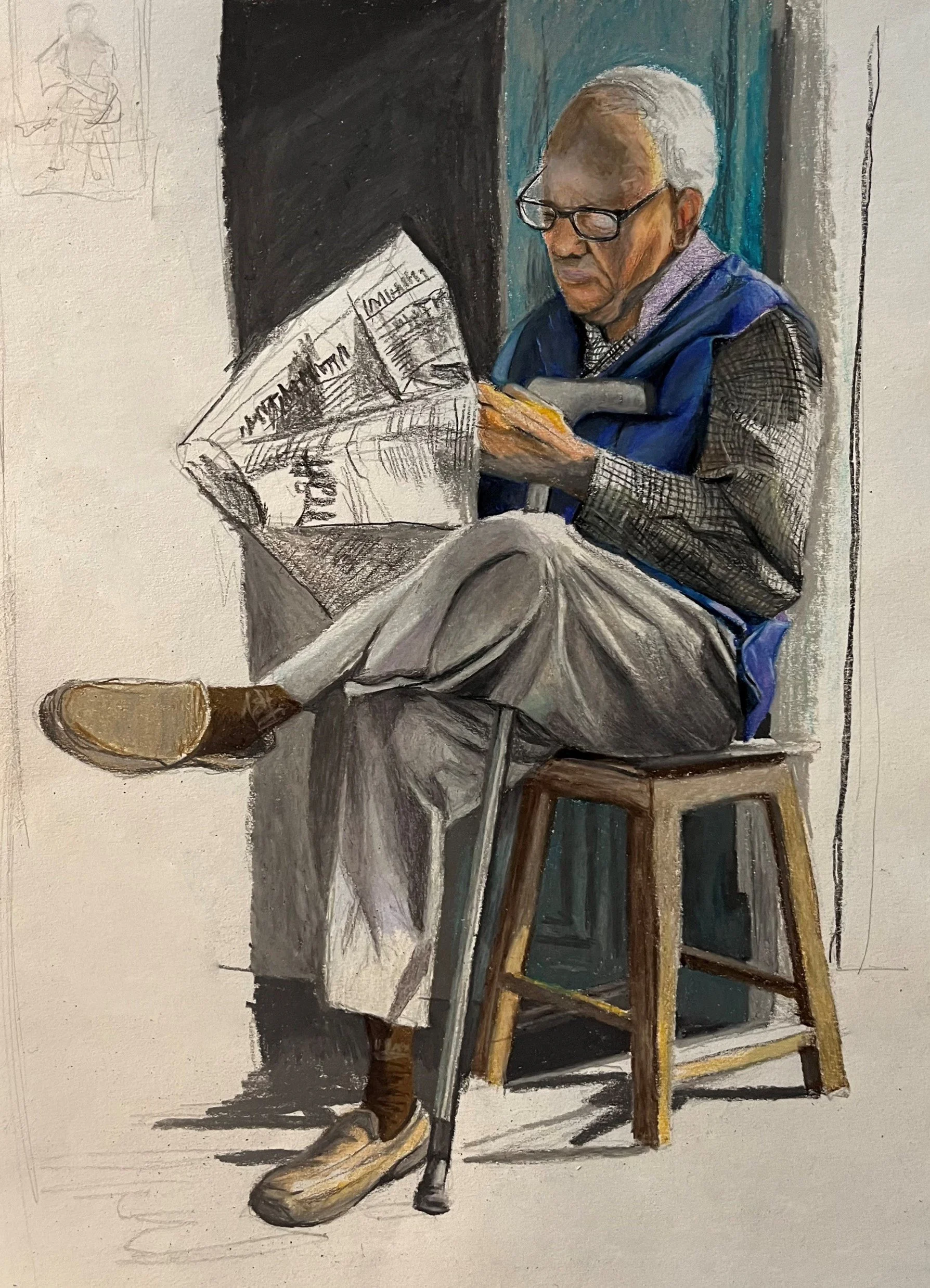 A painting of an elderly man with white hair and glasses sitting on a wooden chair, reading a newspaper. He's wearing a checkered shirt, a blue vest, and beige shoes. The background features a dark wall and a teal curtain.