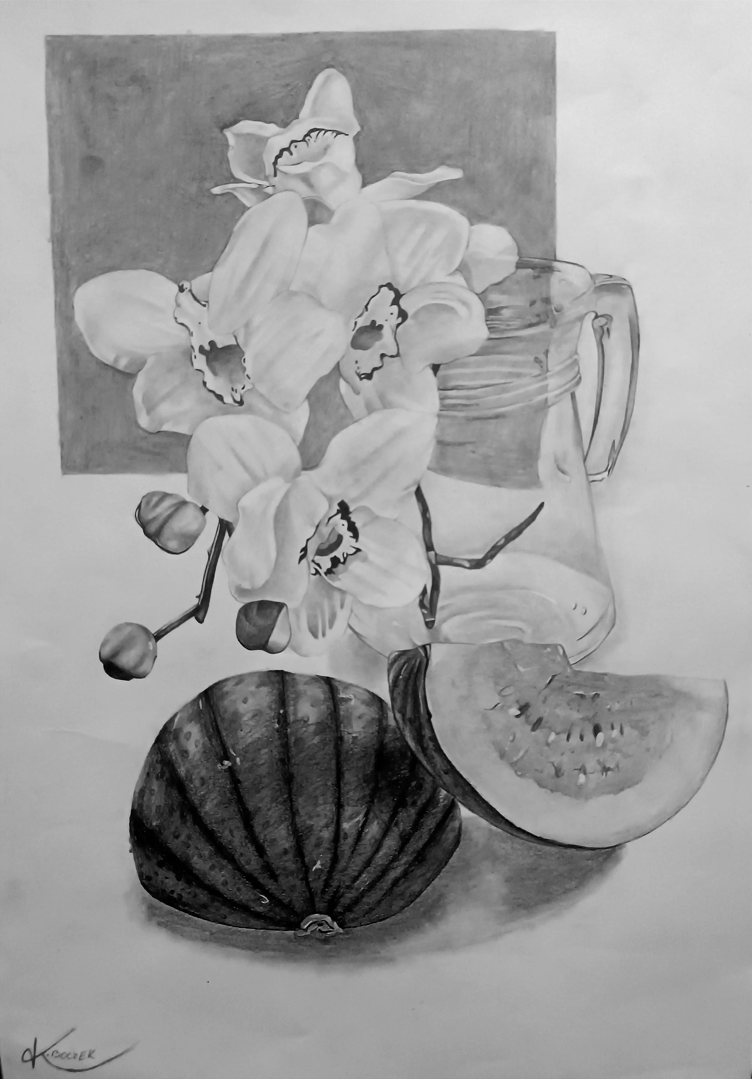 A black and white detailed drawing of a still life composition featuring a bunch of flowers in a pitcher, a watermelon, and a gourd, with a small jar and some other fruits or vegetables on a surface.