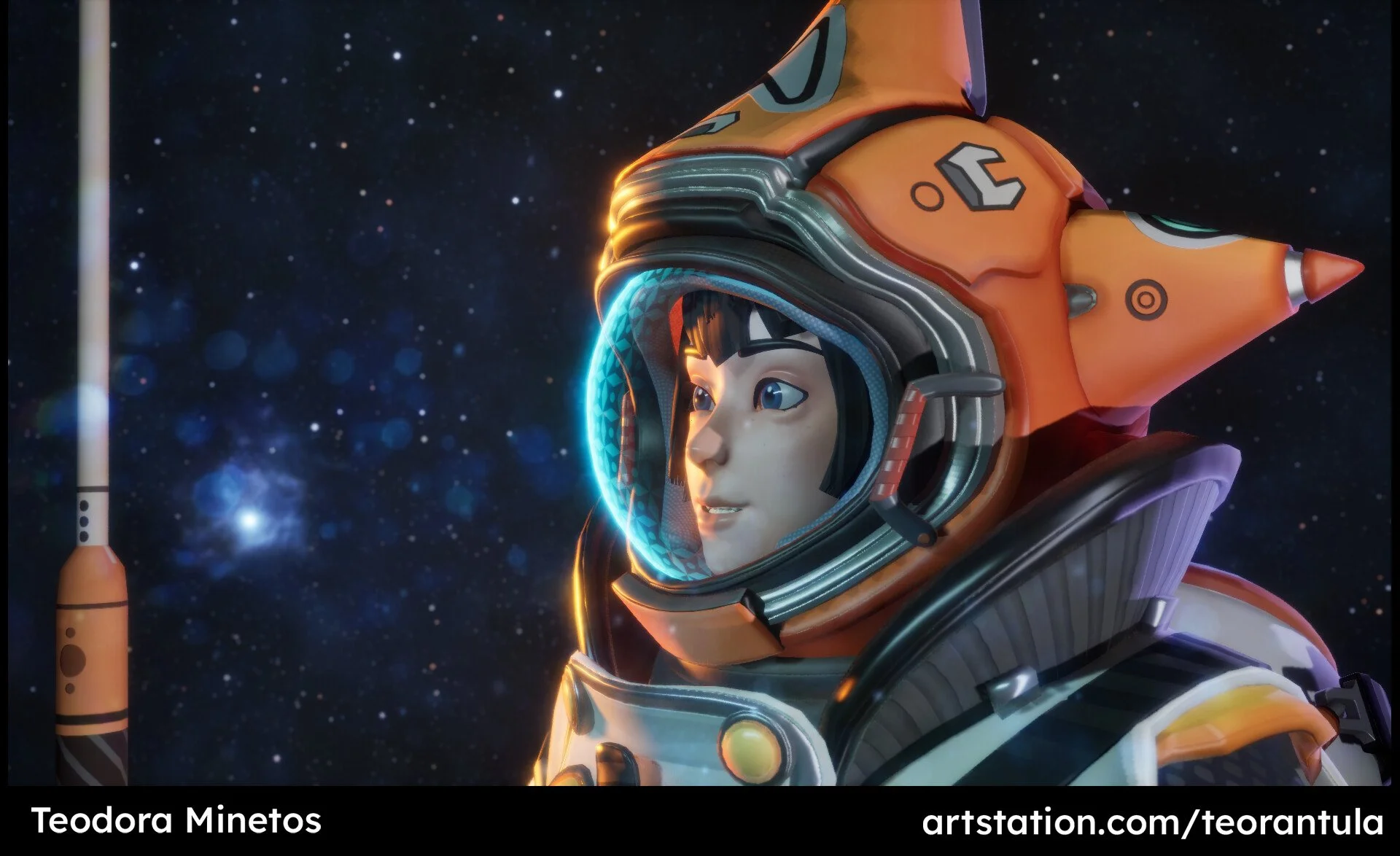 Animated character wearing an orange spacesuit and helmet with a space background.