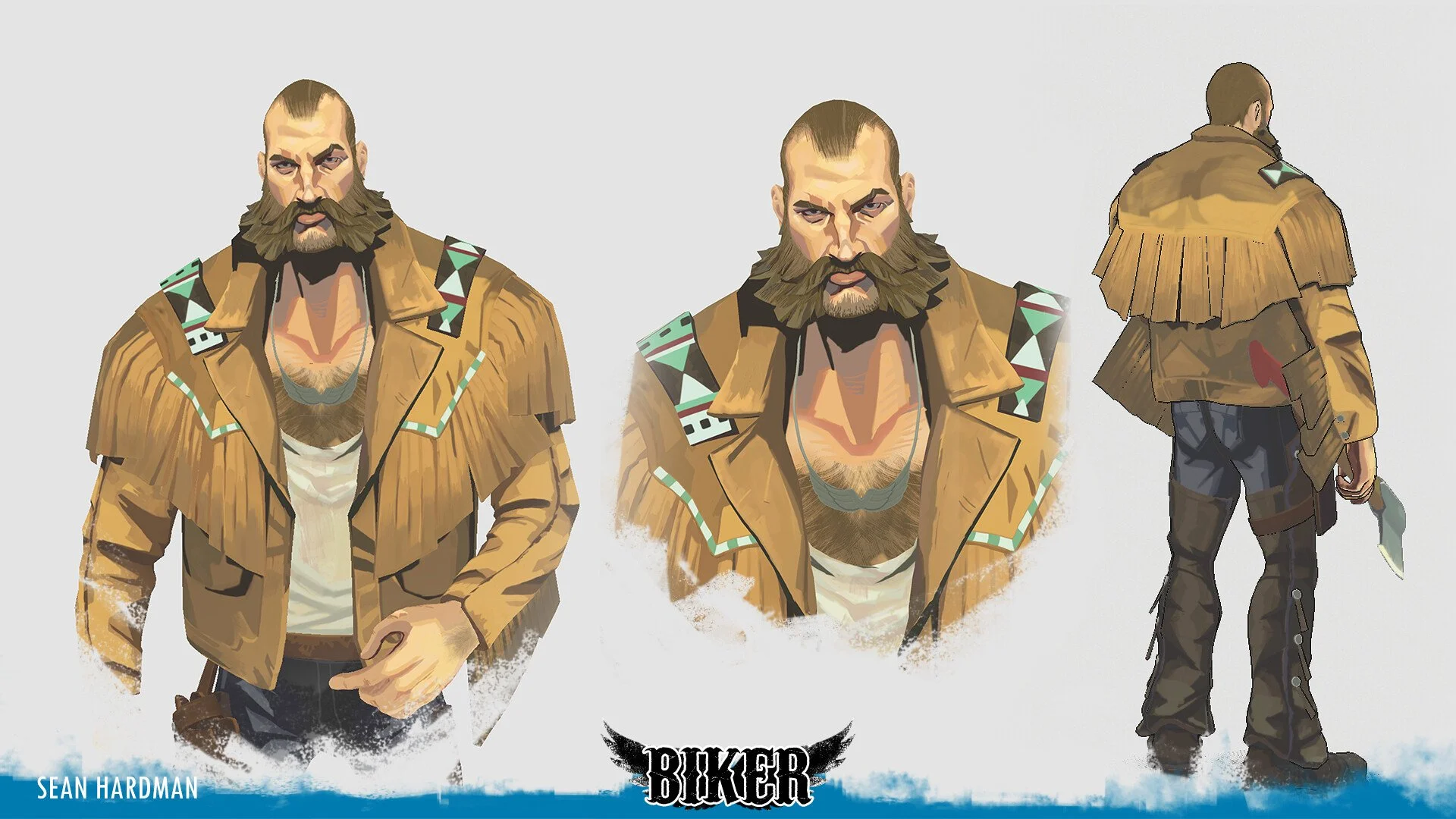 Digital illustration of a male character called Biker with a rugged appearance, short hair, and a full beard, wearing a tan jacket with geometric patterns on the shoulders, a white shirt underneath, and jeans. The image shows front, side, and back views of the character.