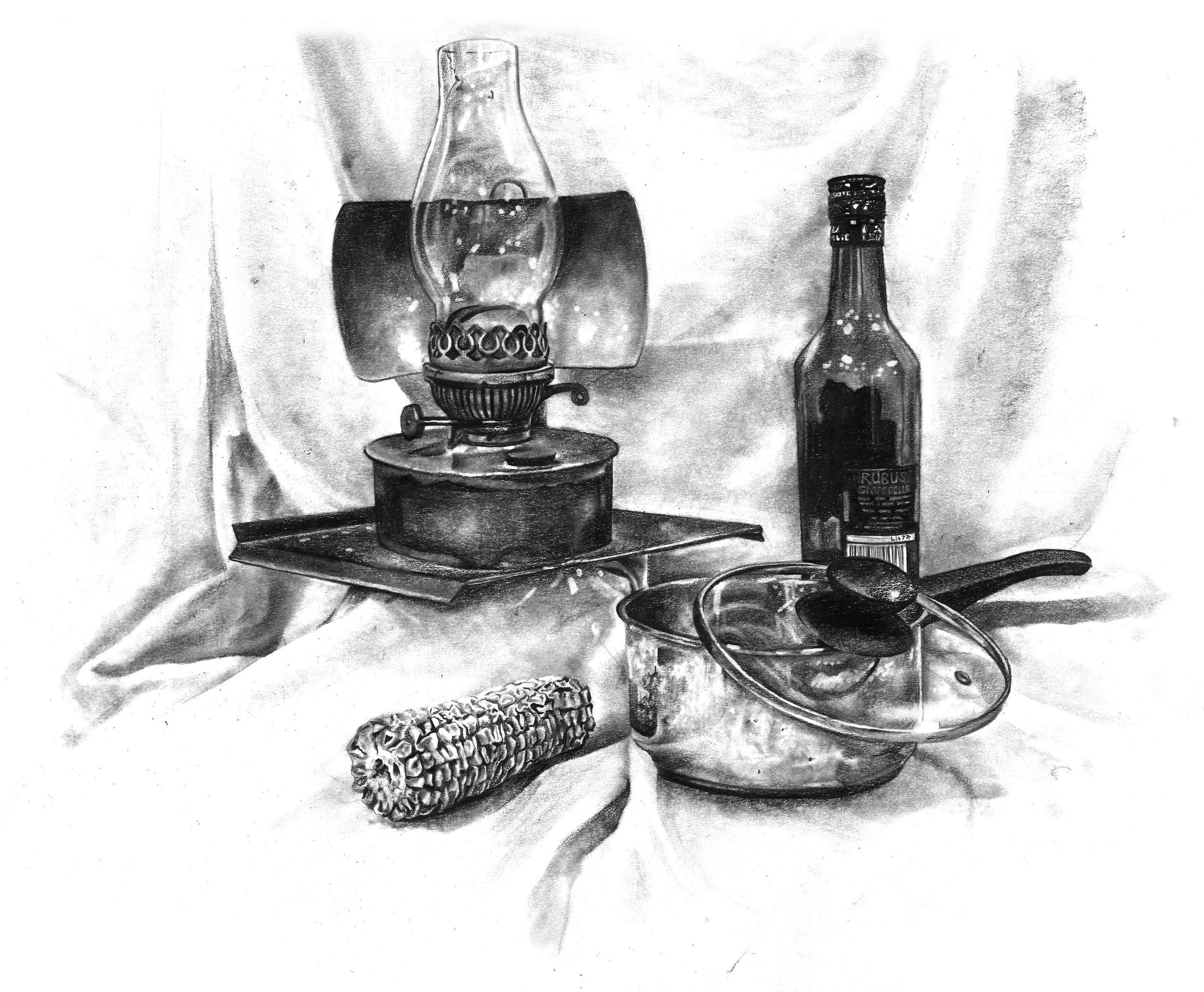 A black and white sketch of a table with a kerosene lamp, a glass bottle labeled "Rubus" with a dark liquid, a corkscrew, a slice of bread, and a pair of eyeglasses.