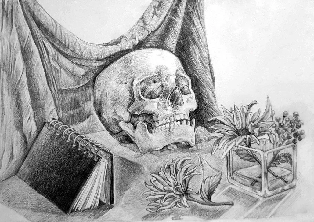 A detailed pencil sketch of a human skull on a draped cloth, with a small notebook, a plant with large leaves and berries, and tropical flowers on a table.