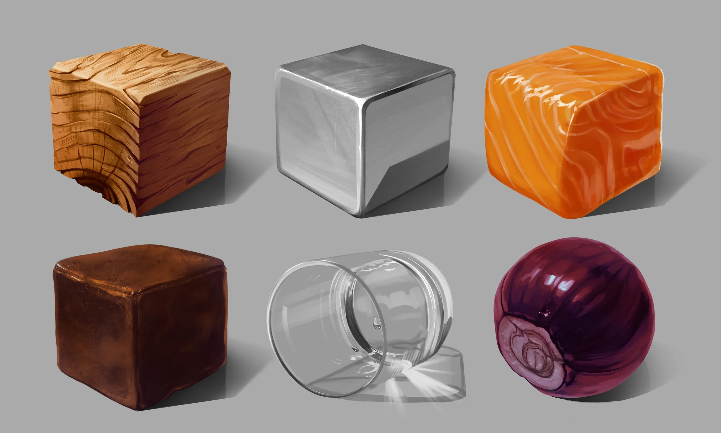 A collection of assorted cubes and a glass container on a gray background, including a wooden cube, a metallic cube, a marbled orange cube, a brown cube, a clear glass cube, and a marbled purple cube.