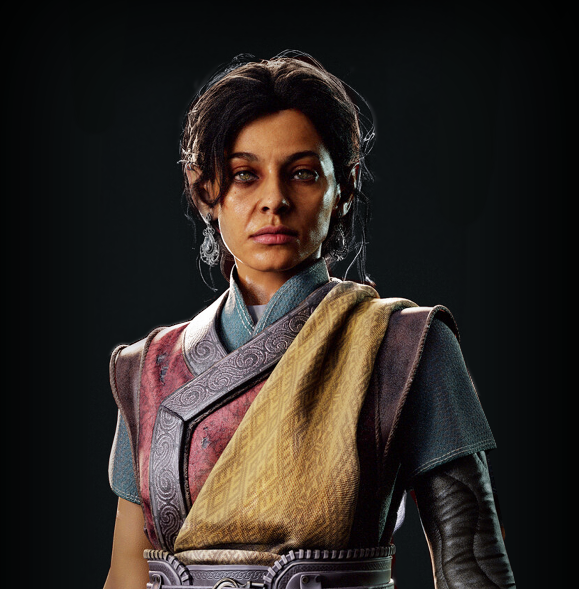 A woman with dark hair and piercing eyes wearing a detailed costume with armor-like accessories and earrings, standing against a dark background.