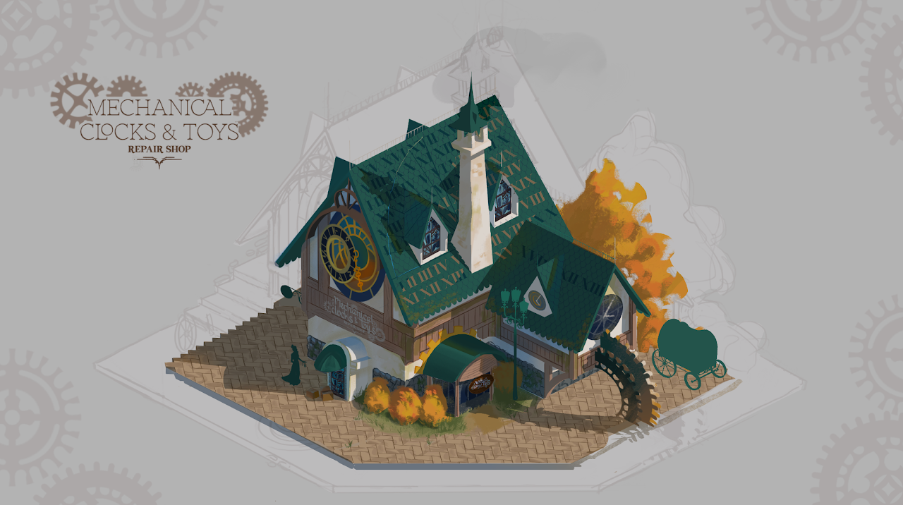 Illustration of a mechanical clock repair shop with steampunk elements, including gears, a clock face, and a chimney, surrounded by autumn trees and a pathway.