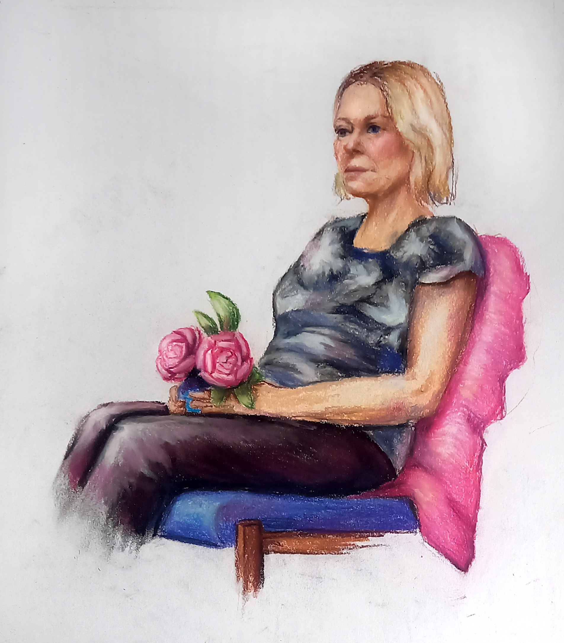 Hand-drawn portrait of a woman with blonde hair, wearing a black and gray shirt, sitting on a pink chair, holding a bouquet of pink roses, with a white background.