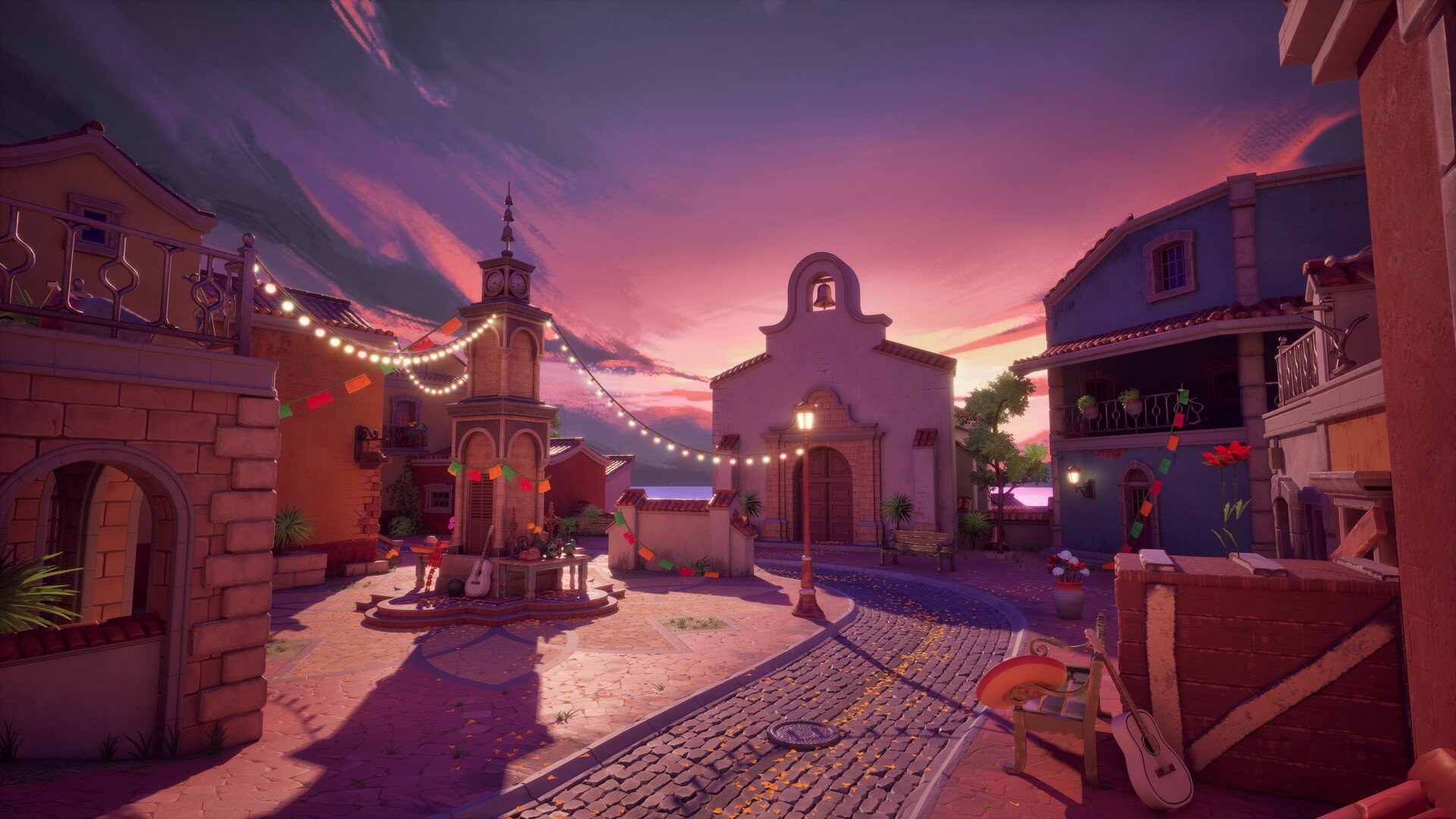Colorful town square at sunset with string lights, a small fountain, benches, potted plants, a guitar, and string decorations, surrounded by vibrant buildings and a clear sky.