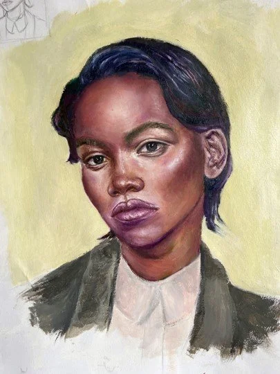 A painted portrait of a woman with dark hair, wearing a white shirt and a dark jacket, with a yellowish-green background.